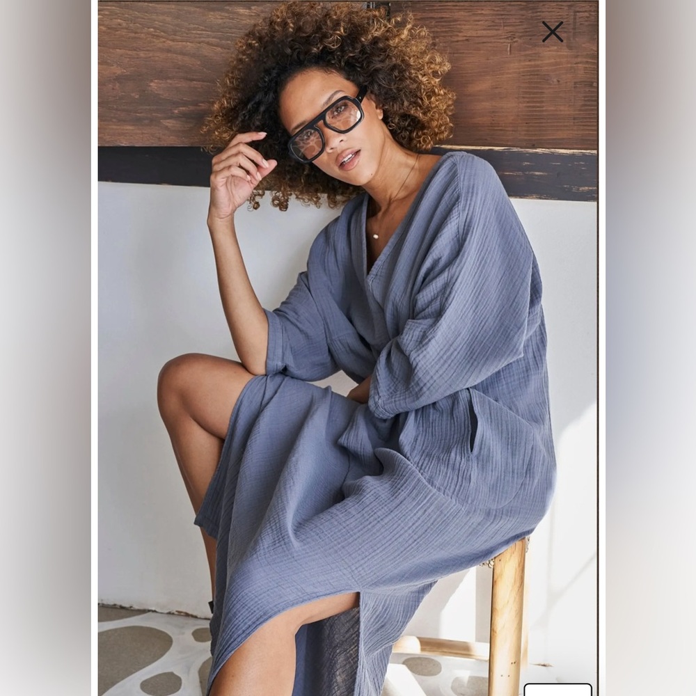 PETROL COTTON GAUZE ARC SEAM CAFTAN